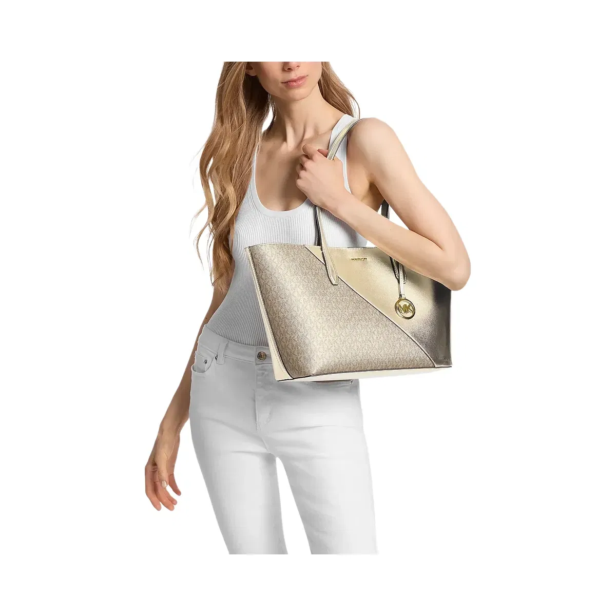 Michael Kors Avalon Medium Metallic and Signature Logo Tote Bag Pale Gold