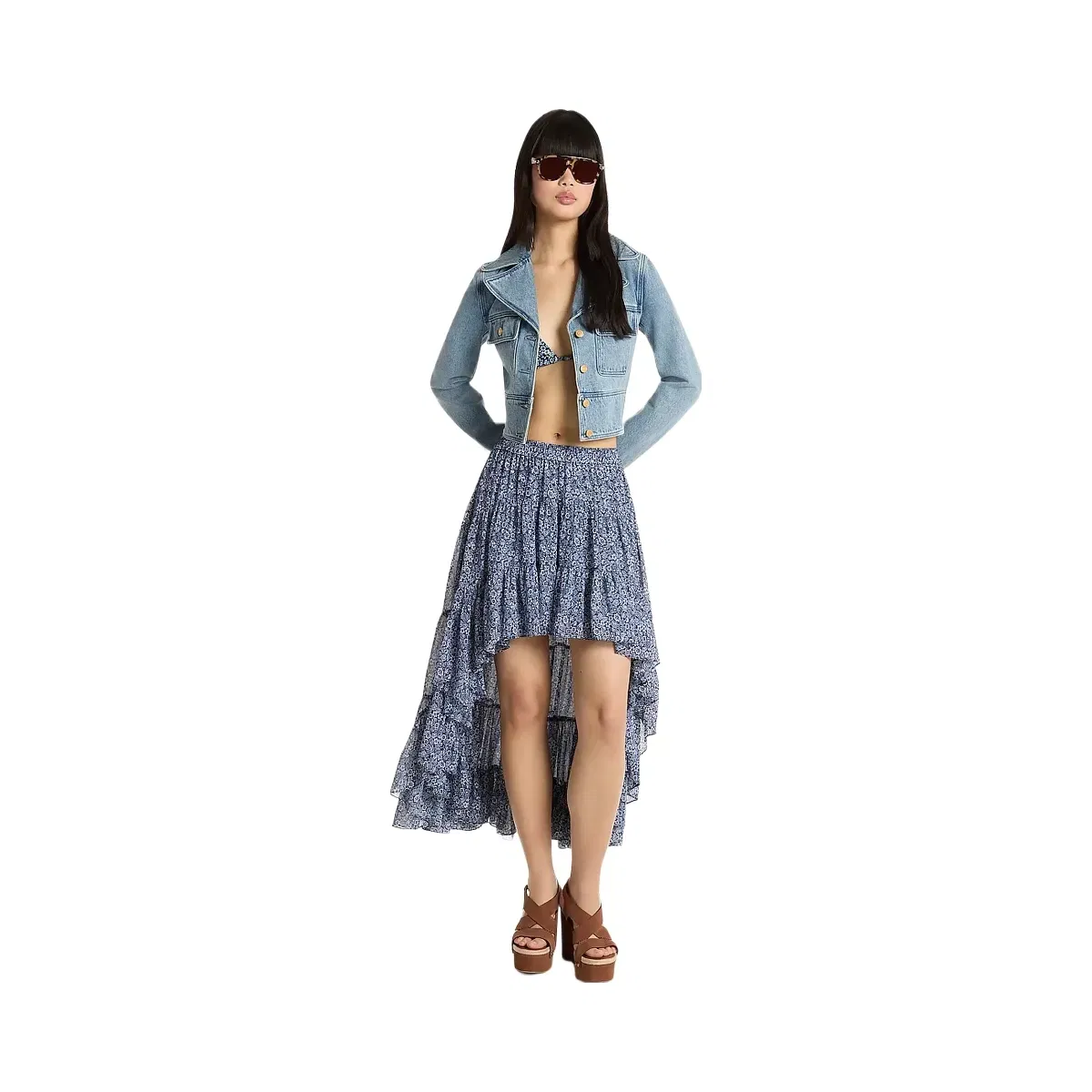 Michael Kors Floral Print Georgette High-Low Skirt Midnightblue
