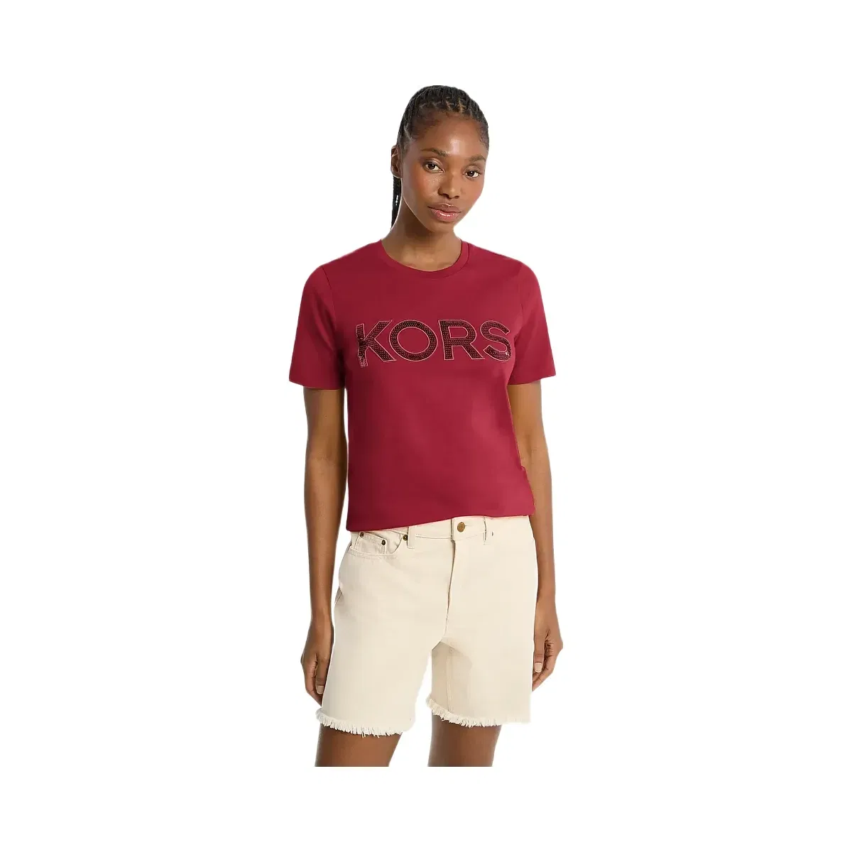 Michael Kors Sequined Logo Cotton T-Shirt Maroon