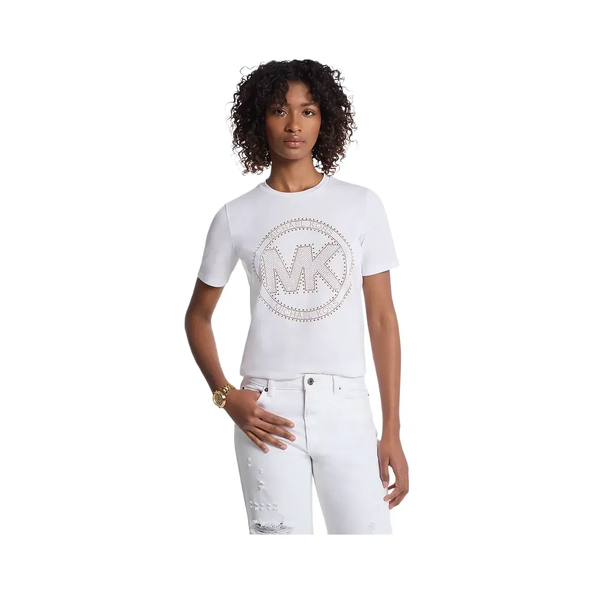 Michael Kors Studded Logo Charm Organic Cotton Jersey T-Shirt White