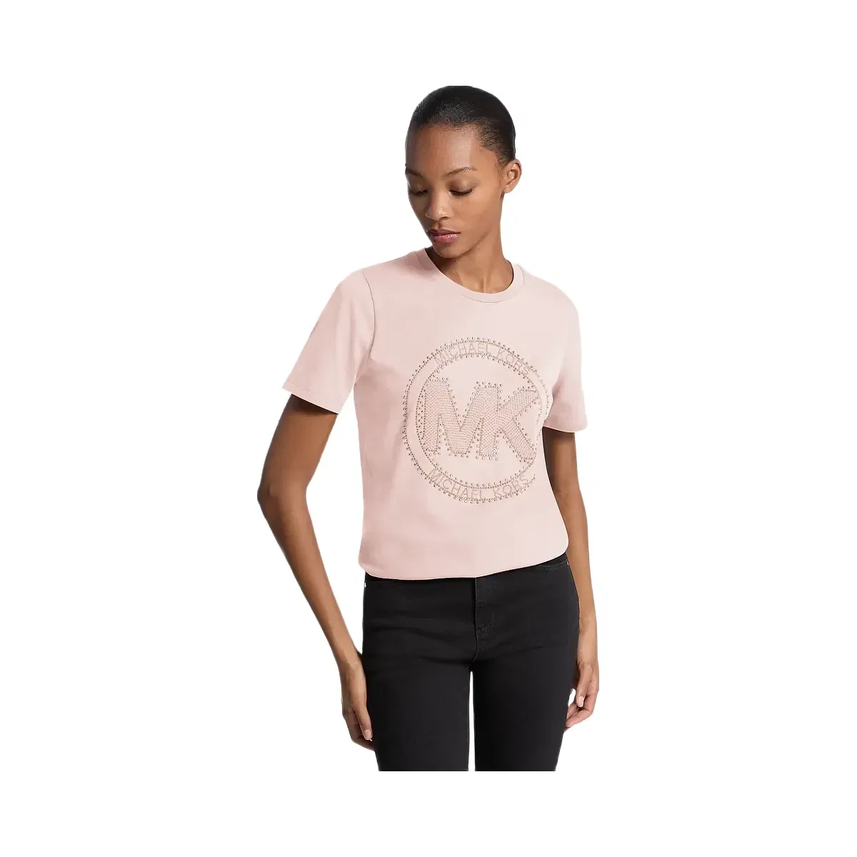 Michael Kors Studded Logo Charm Organic Cotton Jersey T-Shirt Powder Blush