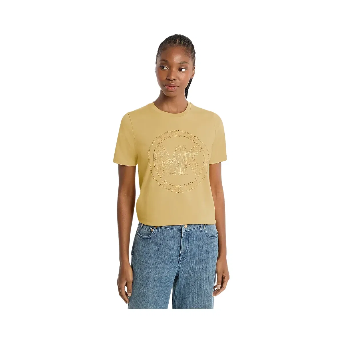 Michael Kors Studded Logo Charm Organic Cotton Jersey T-Shirt Oregano