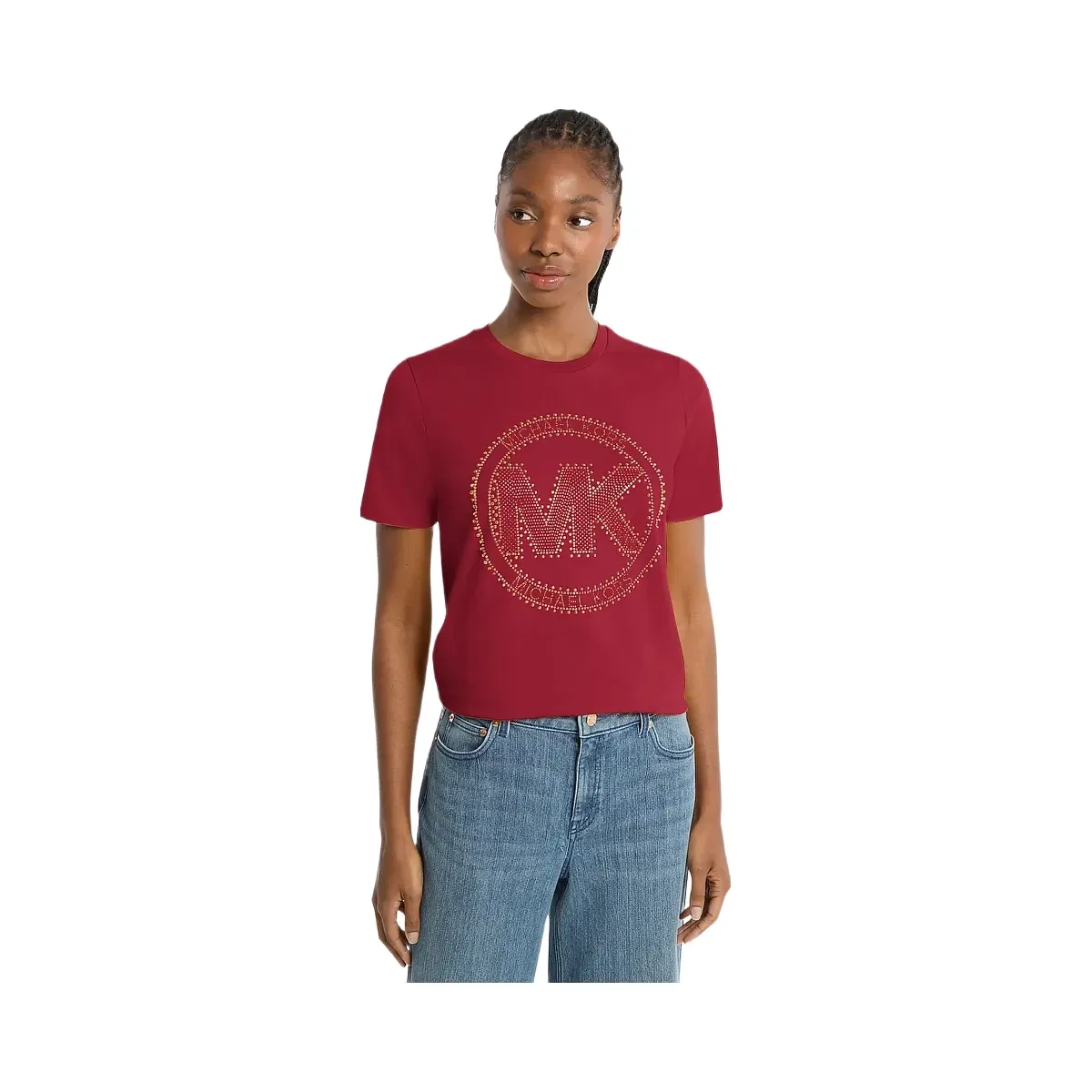 Michael Kors Studded Logo Charm Organic Cotton Jersey T-Shirt Maroon