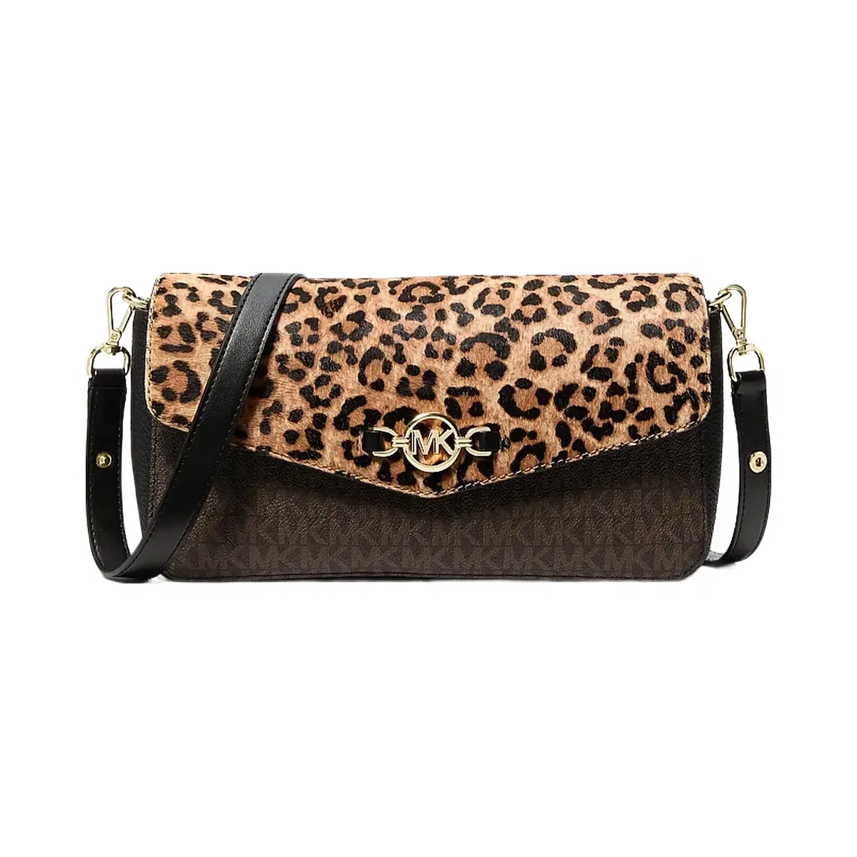 Michael Kors Kacey Medium Signature Logo and Leopard Print Calf Hair Shoulder Bag Camel Mlt