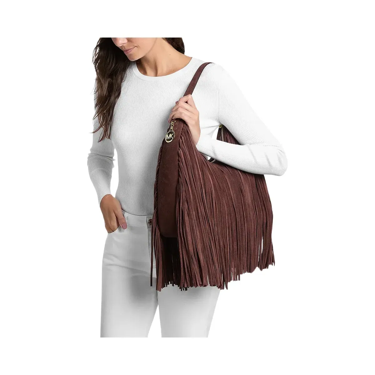 Michael Kors Nayla Medium Fringed Hobo Shoulder Bag Nutmeg