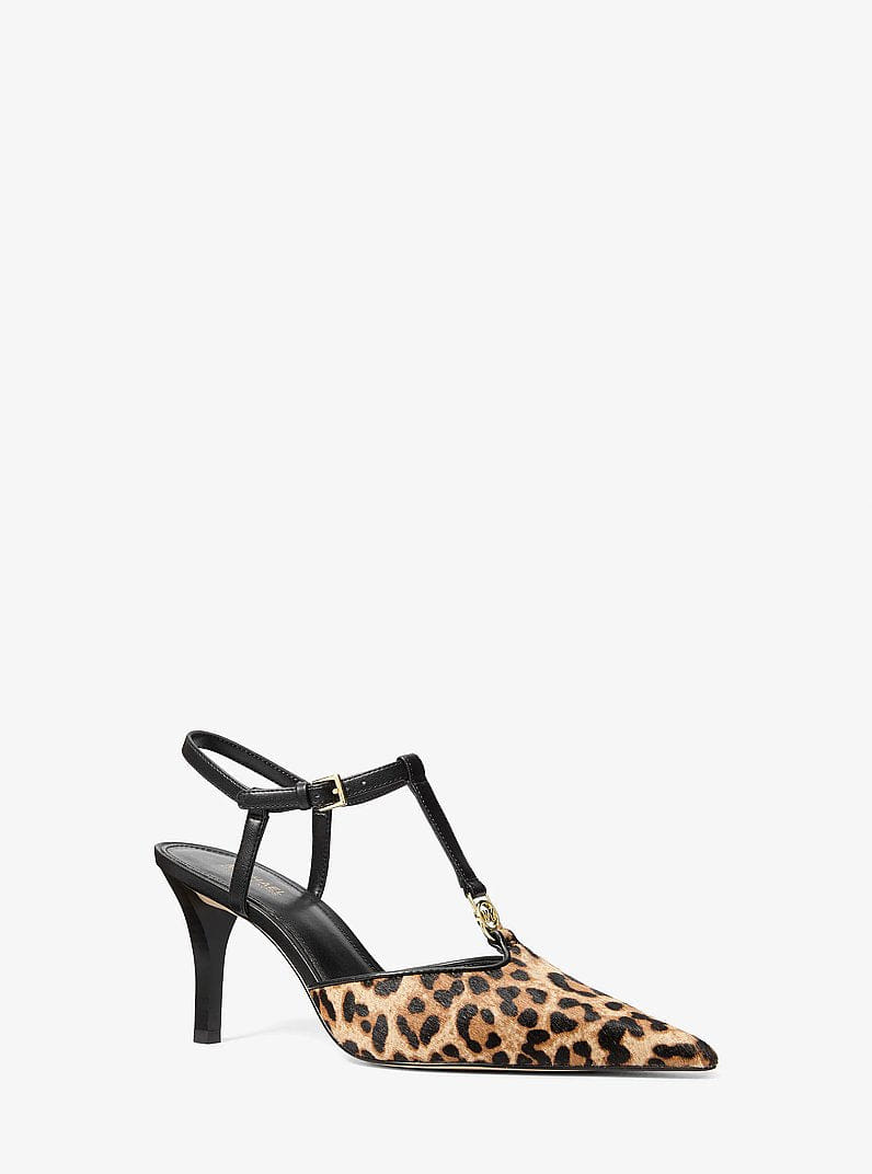 Michael Kors Nalia Leopard Print Calf Hair T-Strap Pump Dk Camel Mlt