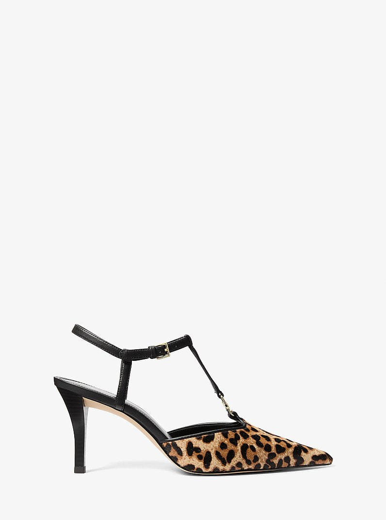 Michael Kors Nalia Leopard Print Calf Hair T-Strap Pump Dk Camel Mlt