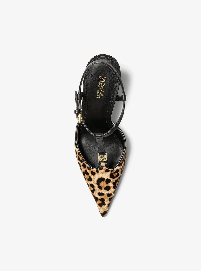 Michael Kors Nalia Leopard Print Calf Hair T-Strap Pump Dk Camel Mlt