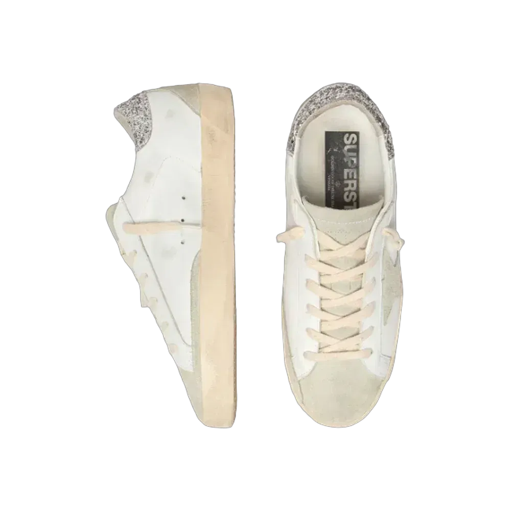 Golden Goose Super-Star With Gray Star And Silver Glitter Heel Tab