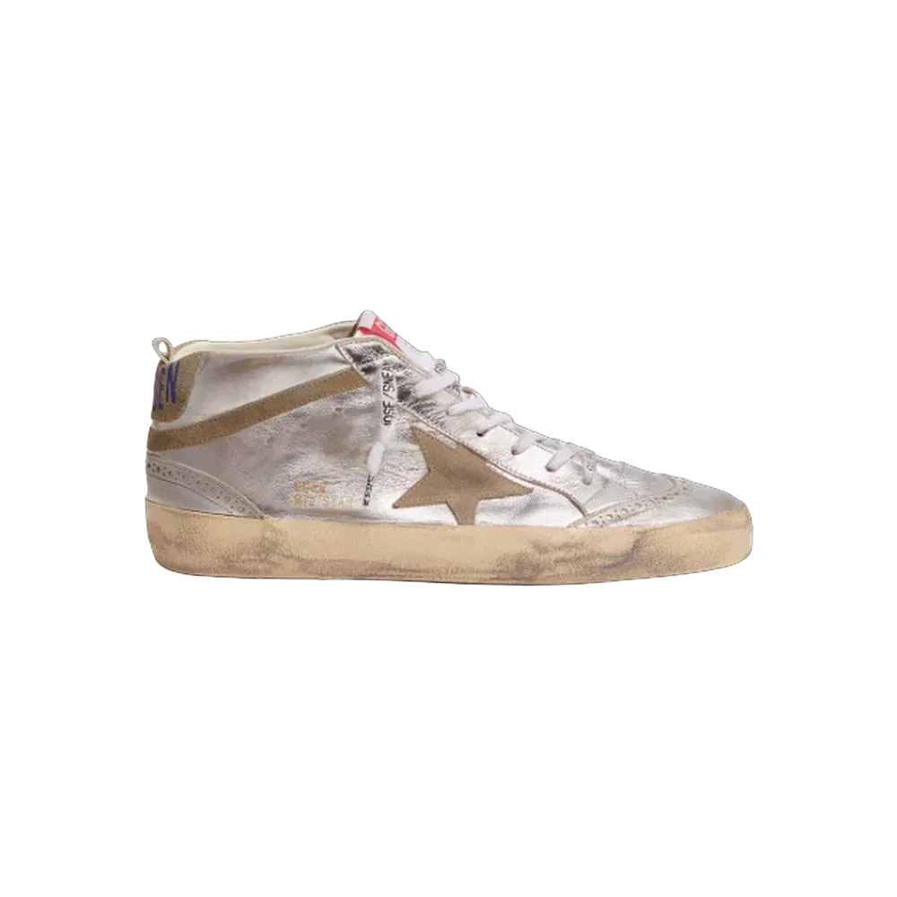 Golden Goose Mid Star In Silver Laminated Leather With Dove Gray Star