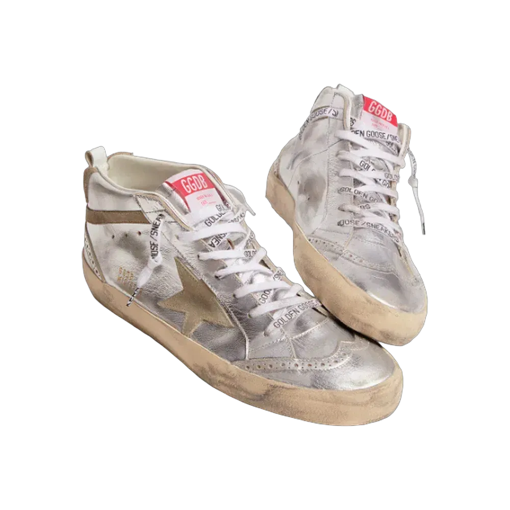 Golden Goose Mid Star In Silver Laminated Leather With Dove Gray Star