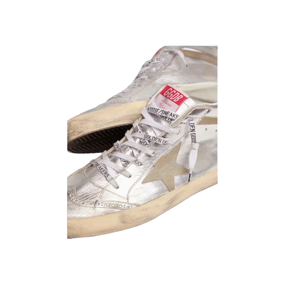 Golden Goose Mid Star In Silver Laminated Leather With Dove Gray Star