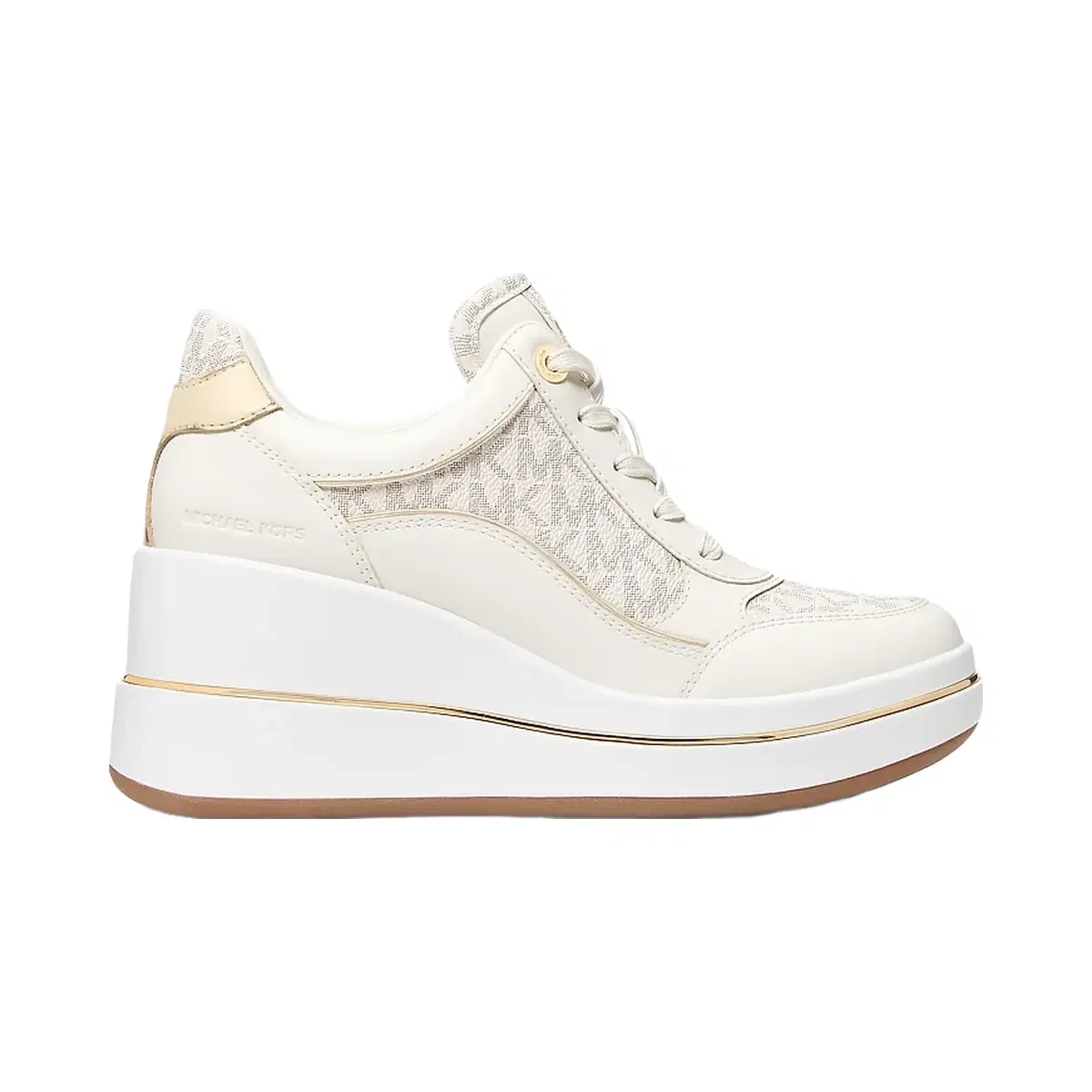 Michael Kors Emmy Signature Logo and Leather Wedge Trainer Vanilla