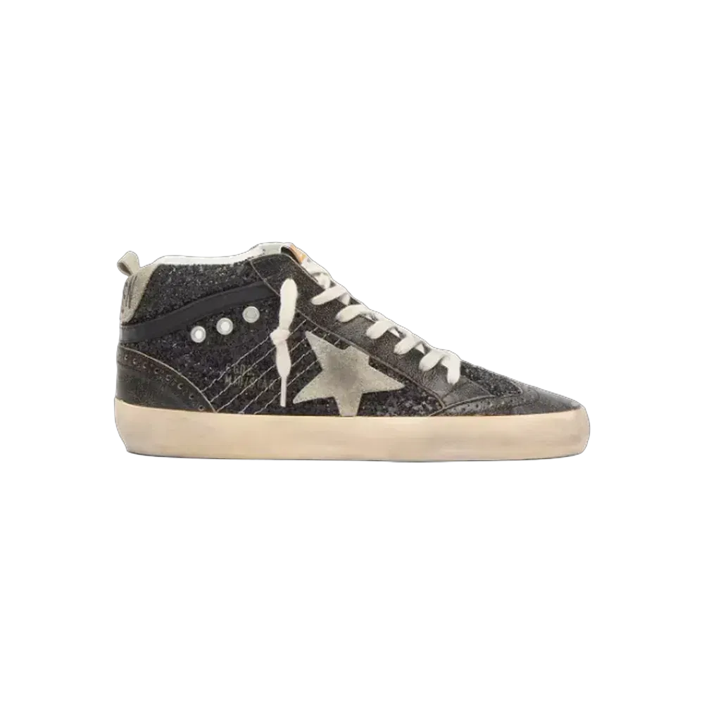 Golden Goose Mid Star In Black Glitter With Dove-Gray Suede Star