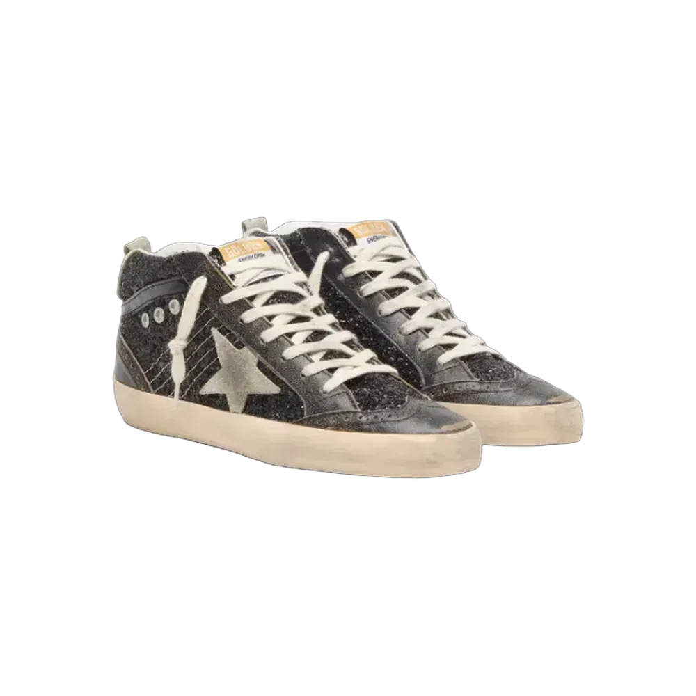 Golden Goose Mid Star In Black Glitter With Dove-Gray Suede Star
