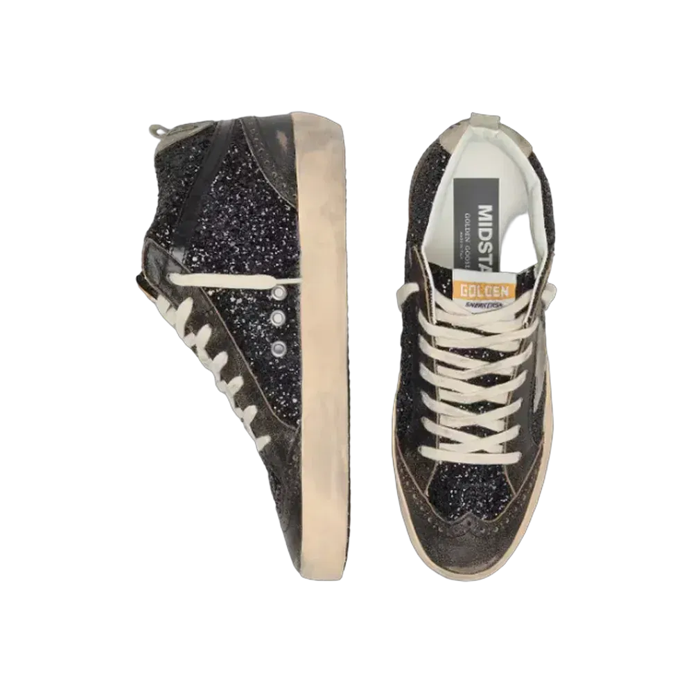 Golden Goose Mid Star In Black Glitter With Dove-Gray Suede Star