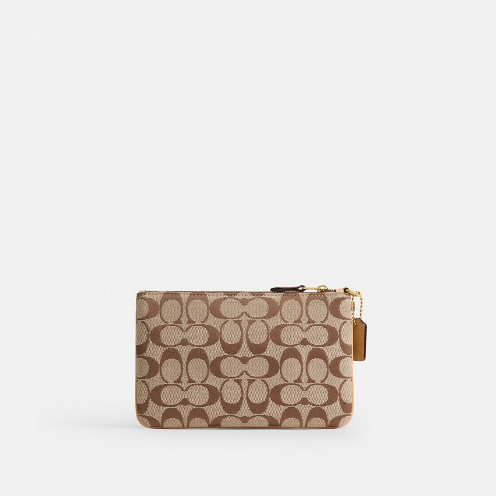 Coach Essential Small Wristlet In Signature Jacquard Brass Khaki Light Peach