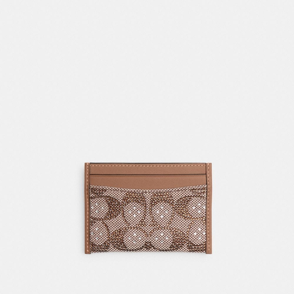 Coach Essential Card Case In Crystal Signature Jacquard Brass Mushroom