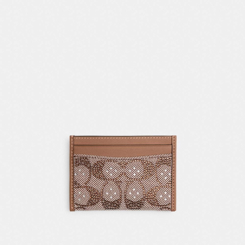 Coach Essential Card Case In Crystal Signature Jacquard Brass Mushroom