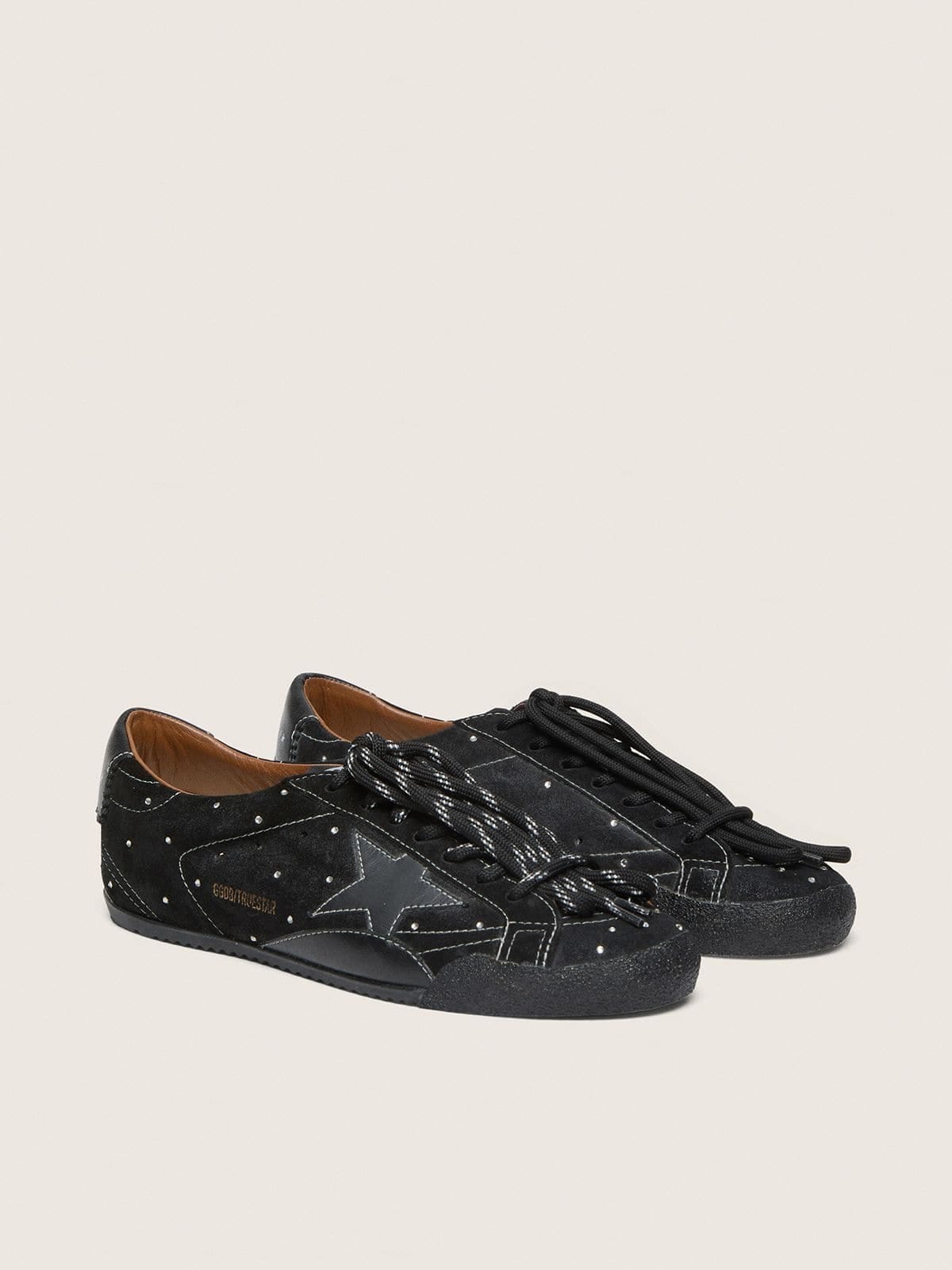 Golden Goose Mens True-Star In Black Suede With Swarovski Crystals And Black Leather Star Mens