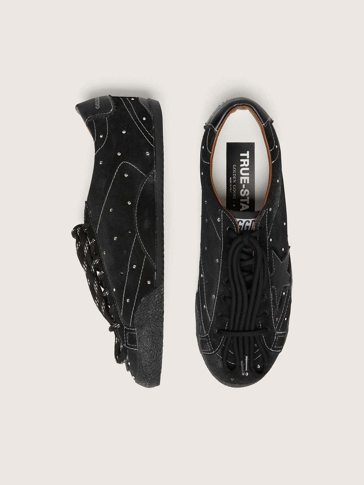 Golden Goose Mens True-Star In Black Suede With Swarovski Crystals And Black Leather Star Mens