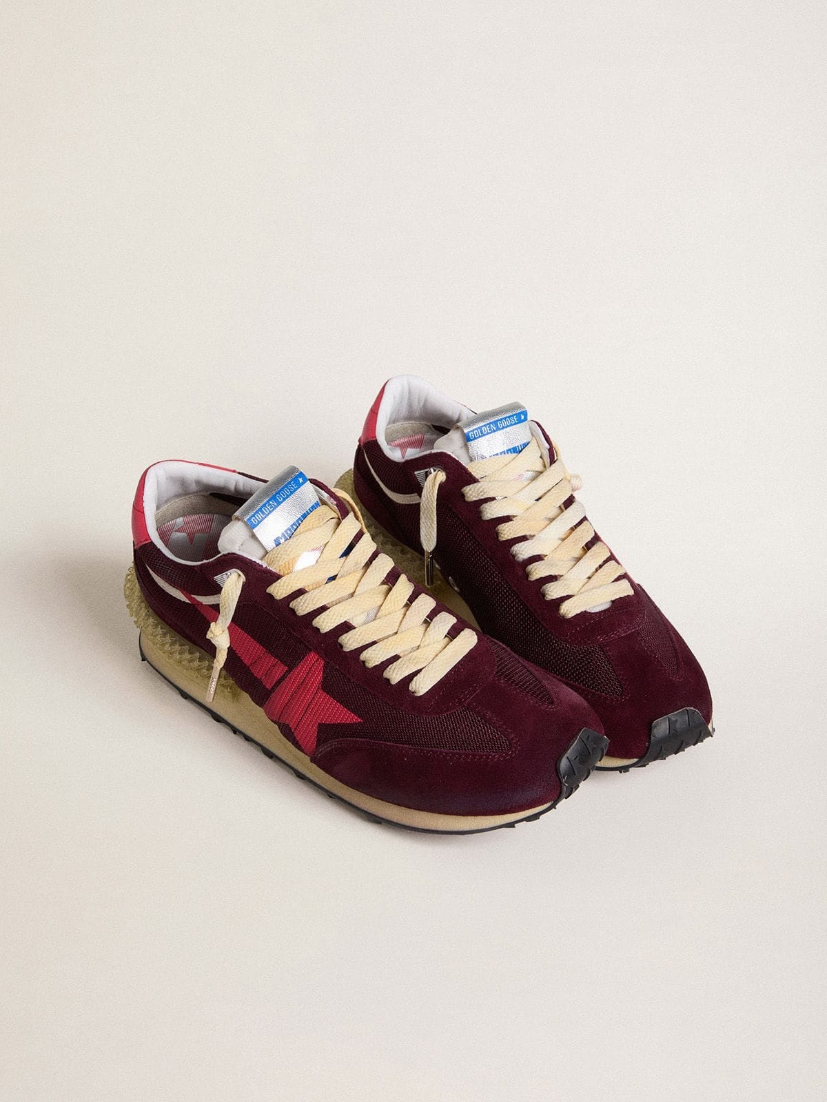 Golden Goose Mens Marathon In Burgundy Mesh And Suede With Printed Pink Star Mens