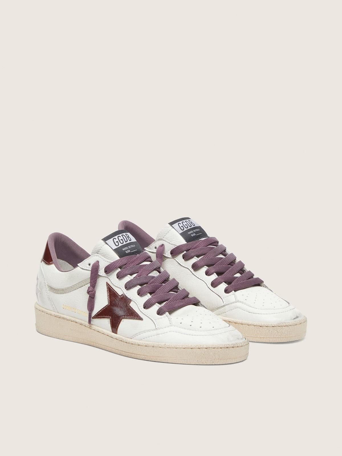 Golden Goose Womens Ball Star Ltd In White Leather With Burgundy Leather Star Womens
