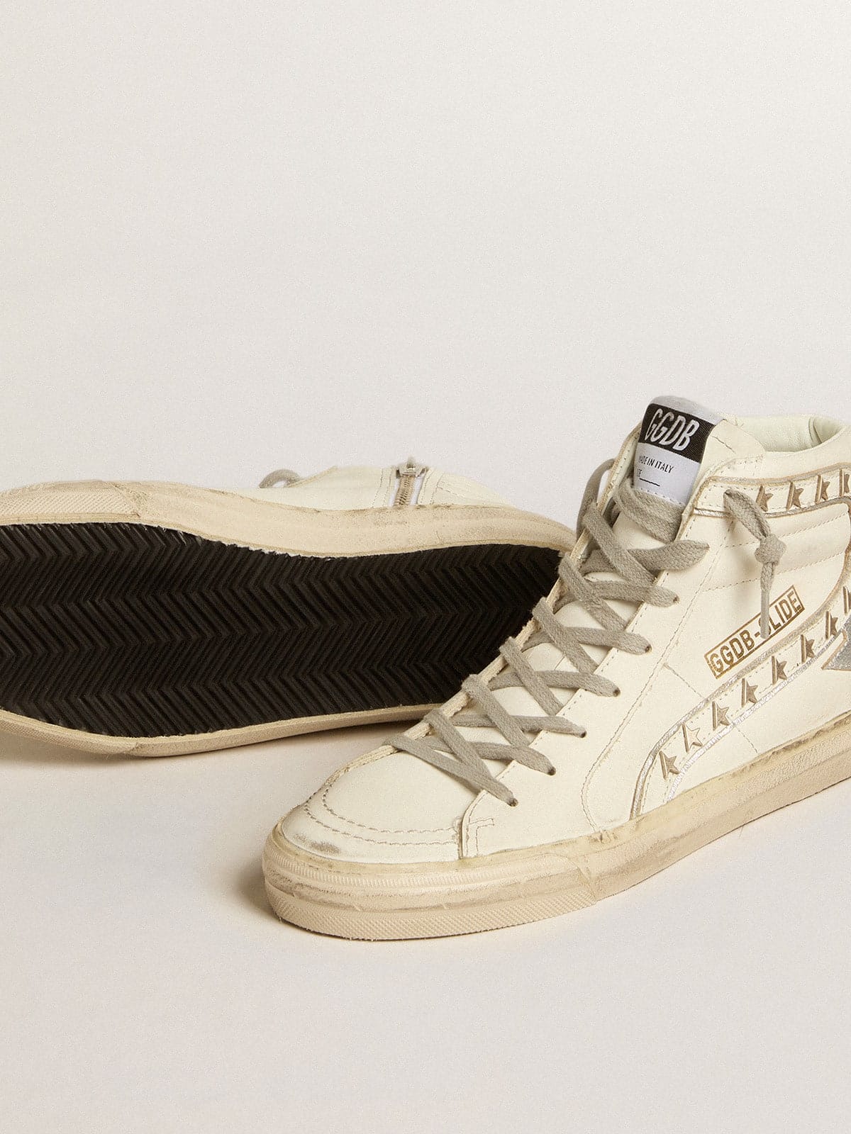 Golden Goose Slide With Silver Metallic Leather Star And Leather Flash With Stars Womens