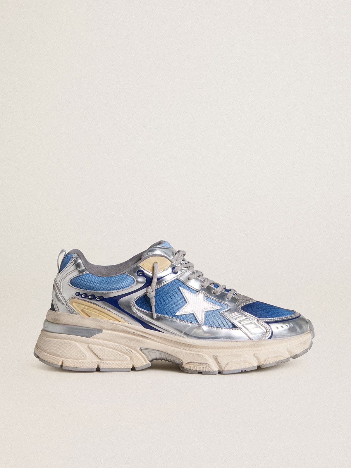 Golden Goose Mens Lightstar In Light Blue Mesh With White Tpu Star And Silver Bio-Based Inserts Mens