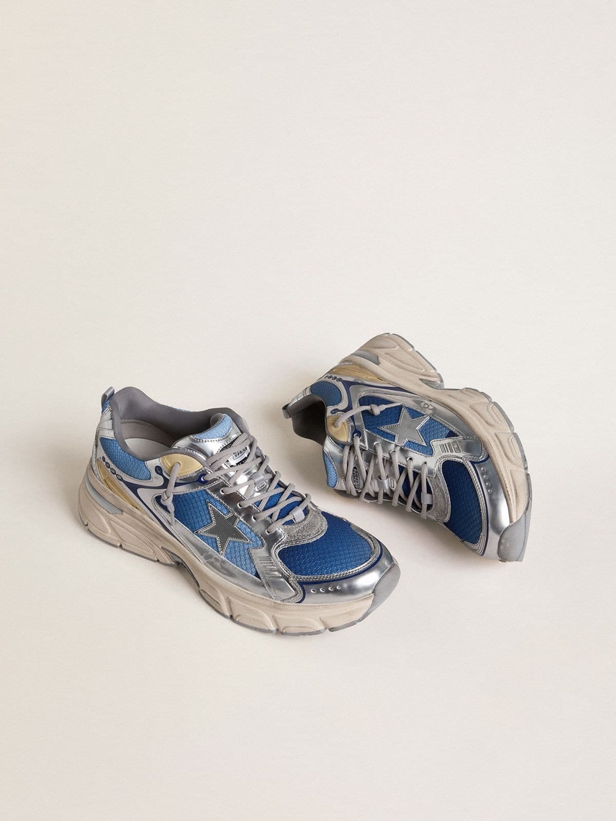 Golden Goose Mens Lightstar In Light Blue Mesh With White Tpu Star And Silver Bio-Based Inserts Mens