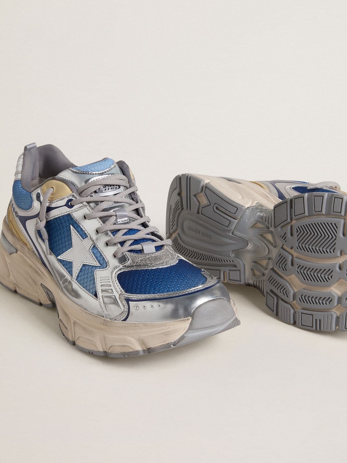 Golden Goose Mens Lightstar In Light Blue Mesh With White Tpu Star And Silver Bio-Based Inserts Mens