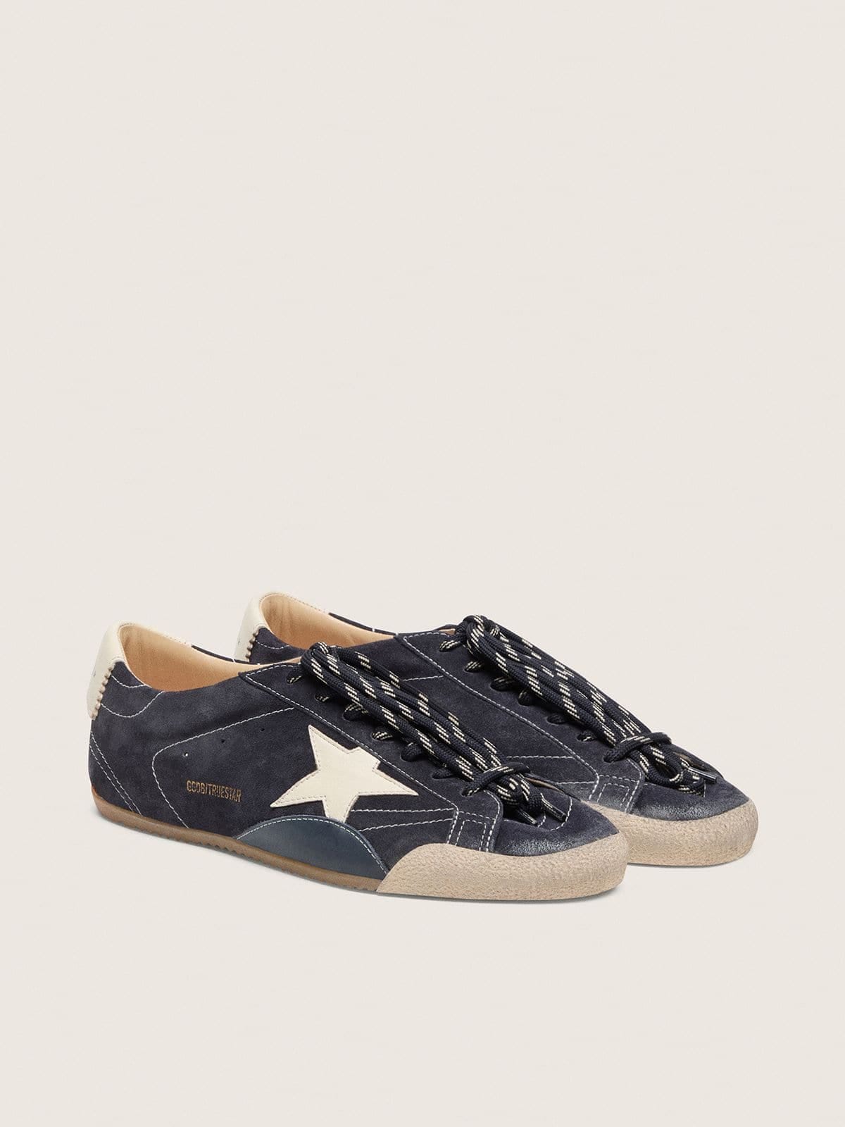 Golden Goose Mens True-Star In Dark Blue Suede With White Nappa Leather Star And Heel Tab Mens
