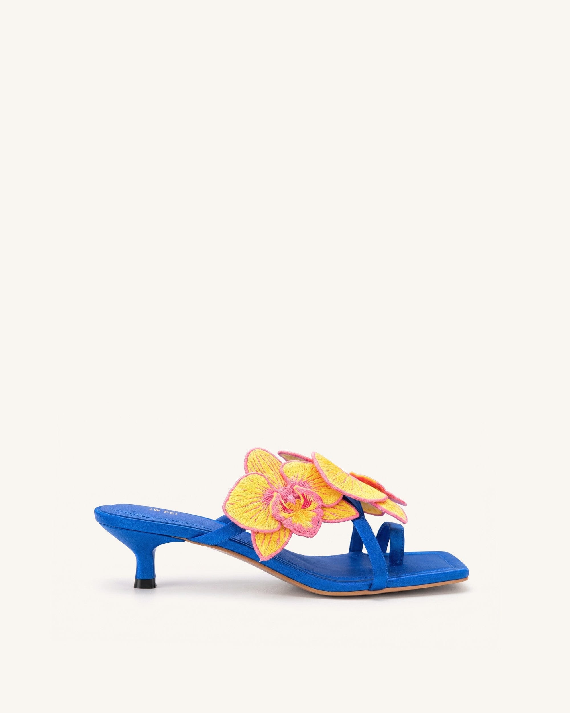 Jw Pei Serena Orchid Embroidered Toe Ring Heeled Sandals Royal Blue