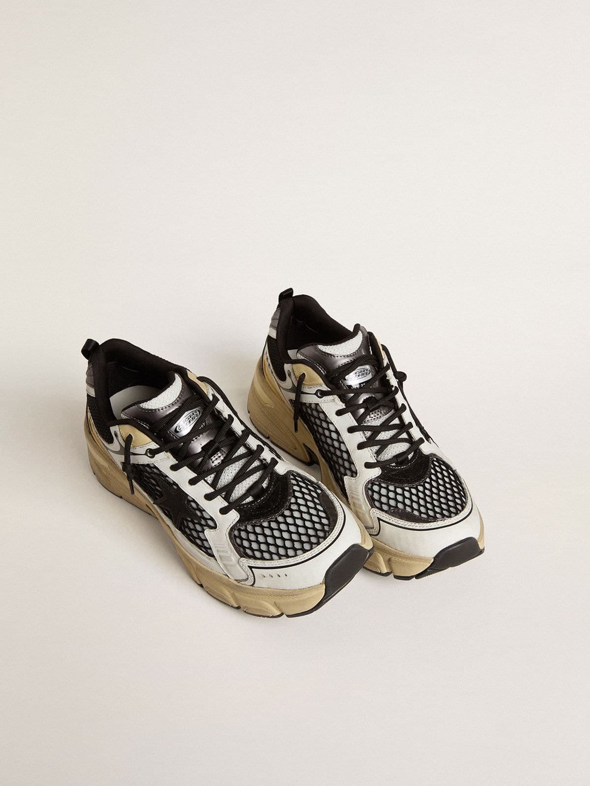 Golden Goose Womens Lightstar In White Leather And Black Mesh With Black Tpu Star Womens