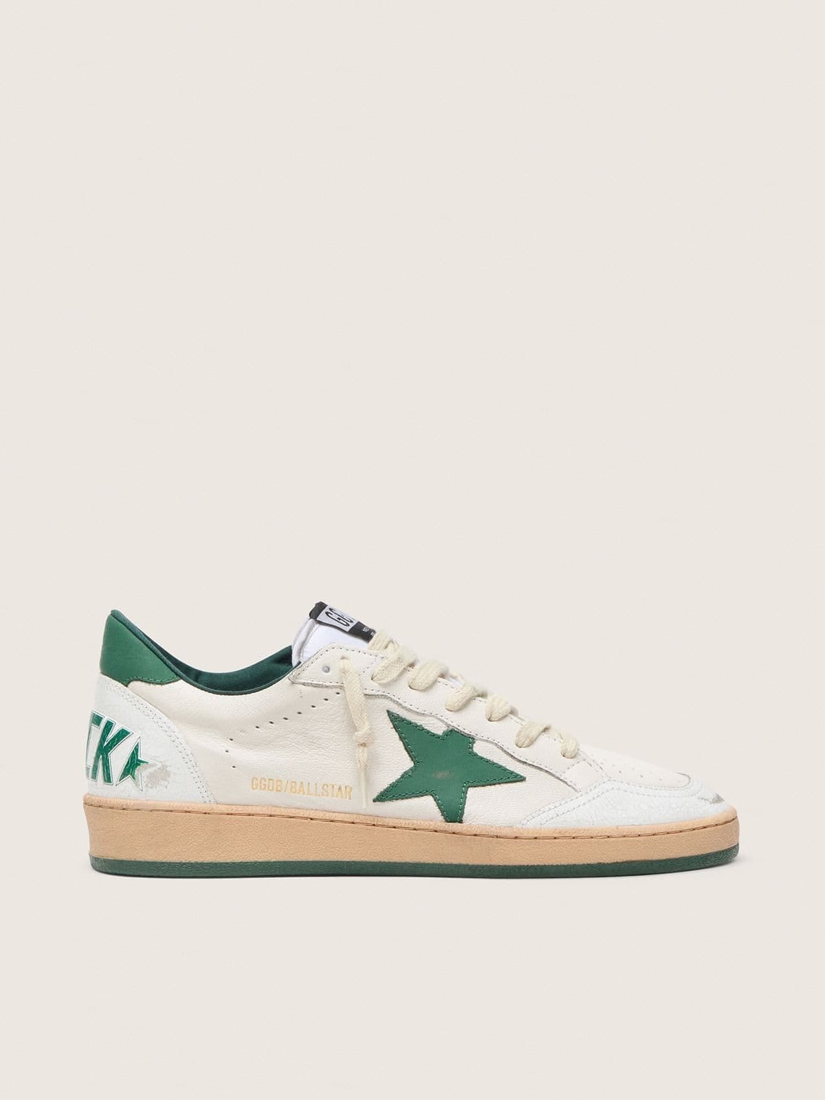 Golden Goose Womens Ball Star Wishes In White Nappa Leather With Green Leather Star And Heel Tab Womens