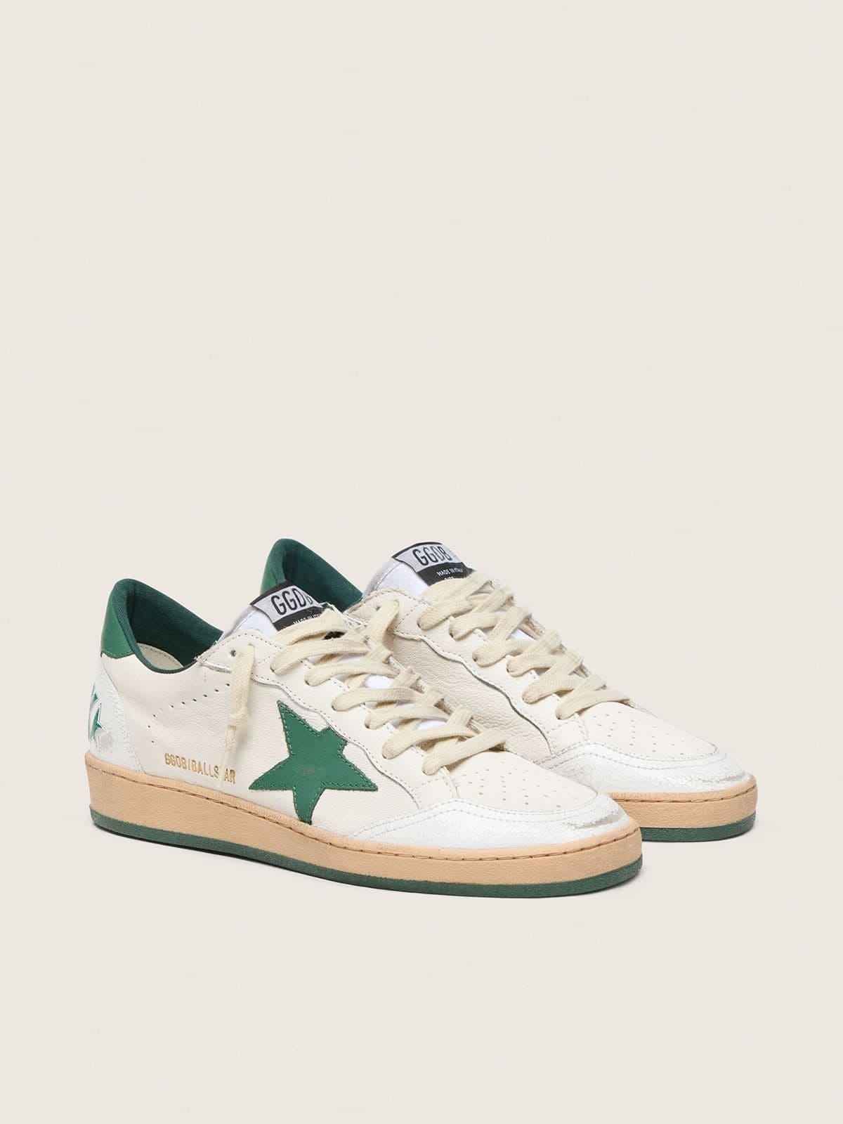 Golden Goose Womens Ball Star Wishes In White Nappa Leather With Green Leather Star And Heel Tab Womens