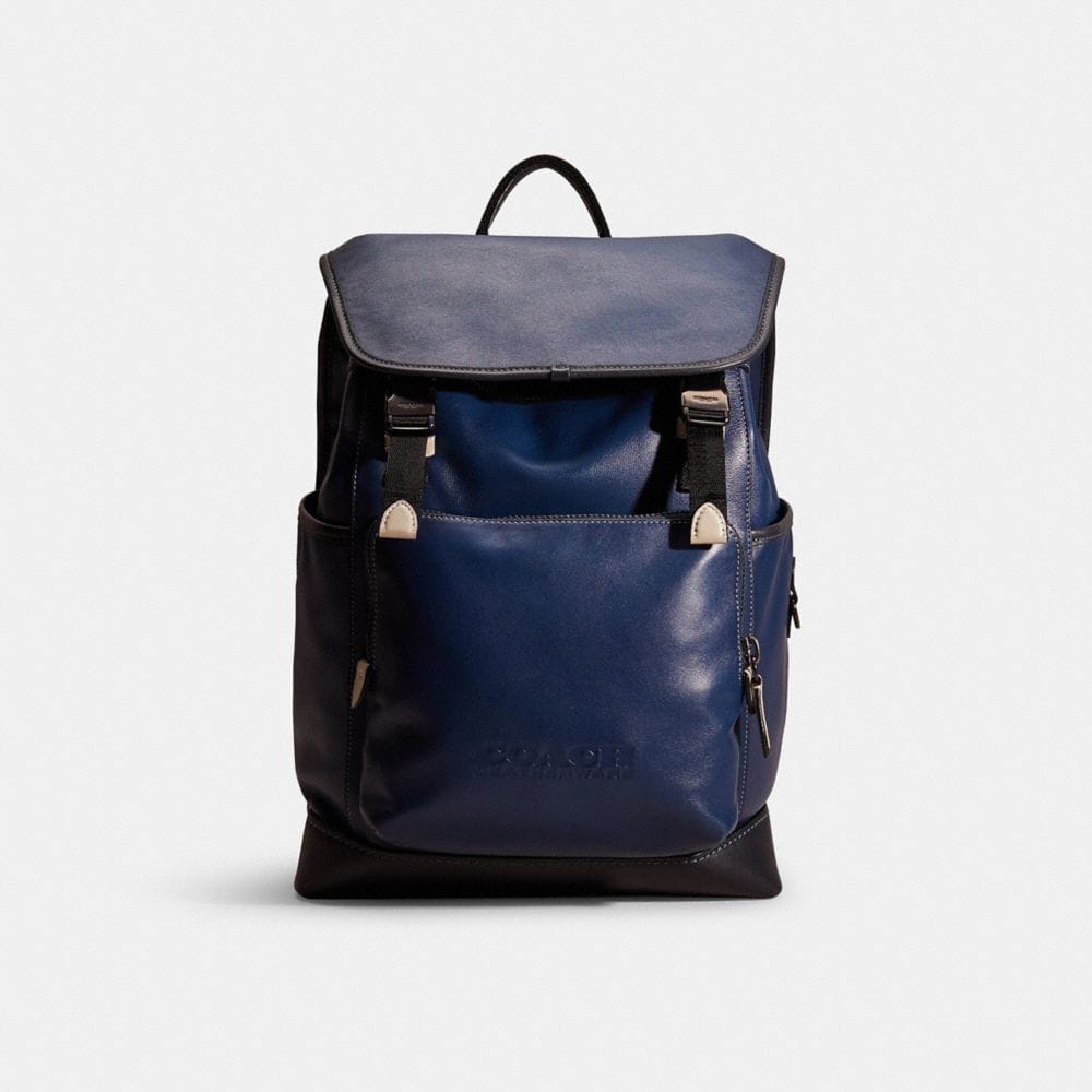 Coach Restored League Flap Backpack In Colorblock Pewter Deep Blue Multi
