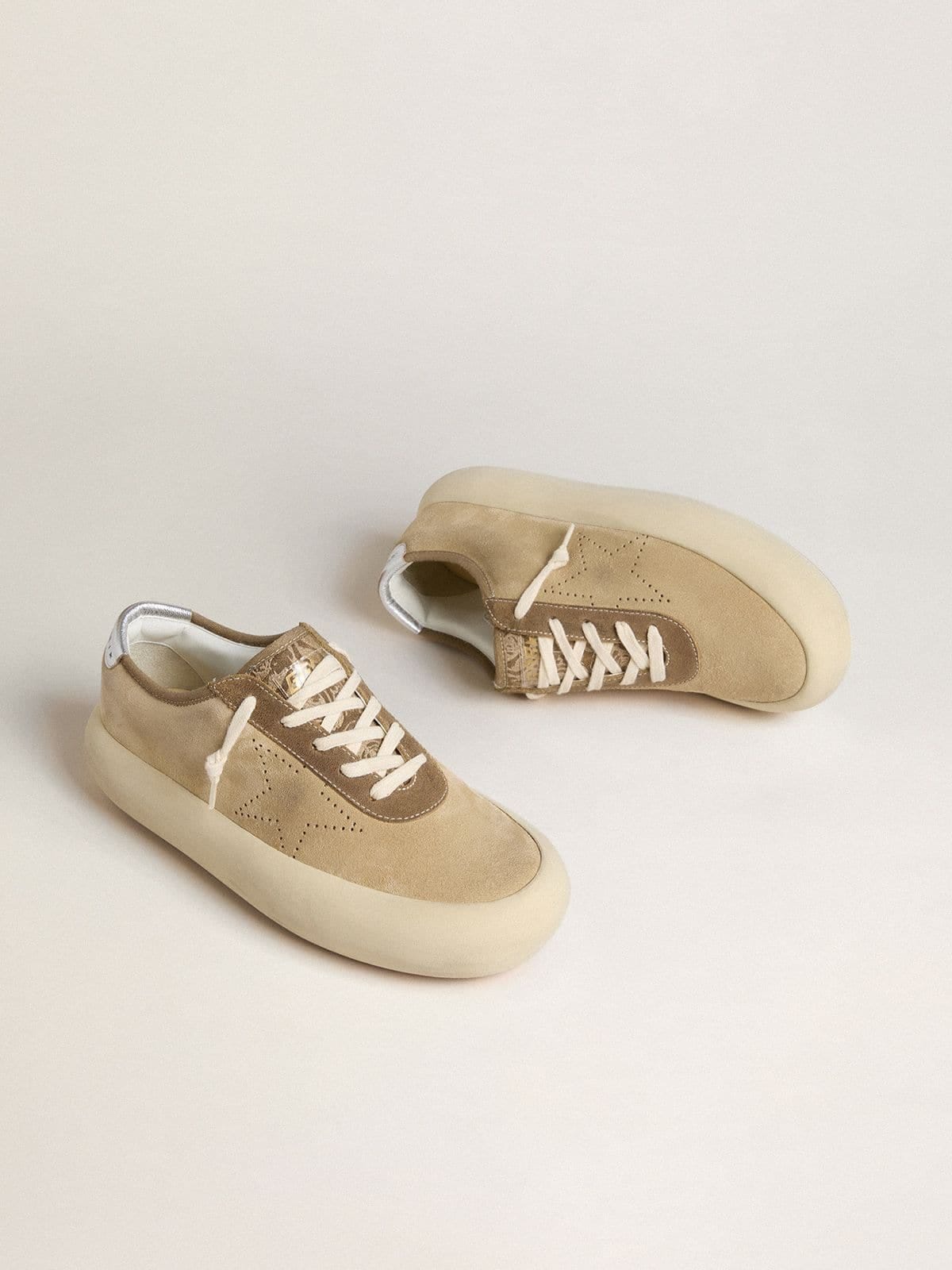 Golden Goose Mens Space-Star In Beige Suede With Perforated Star And Metallic Silver Heel Tab Mens