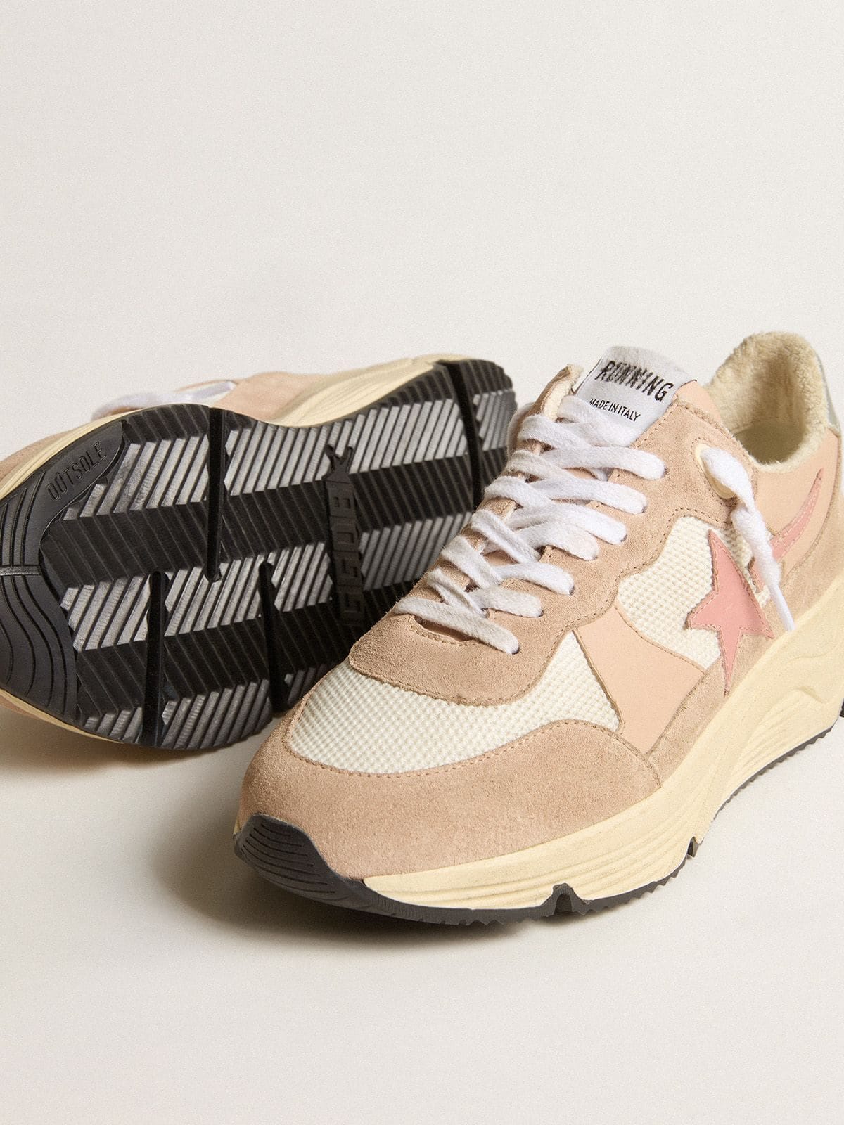 Golden Goose Womens Running Sole In Mesh And Suede With Pink Star And Silver Heel Tab Womens