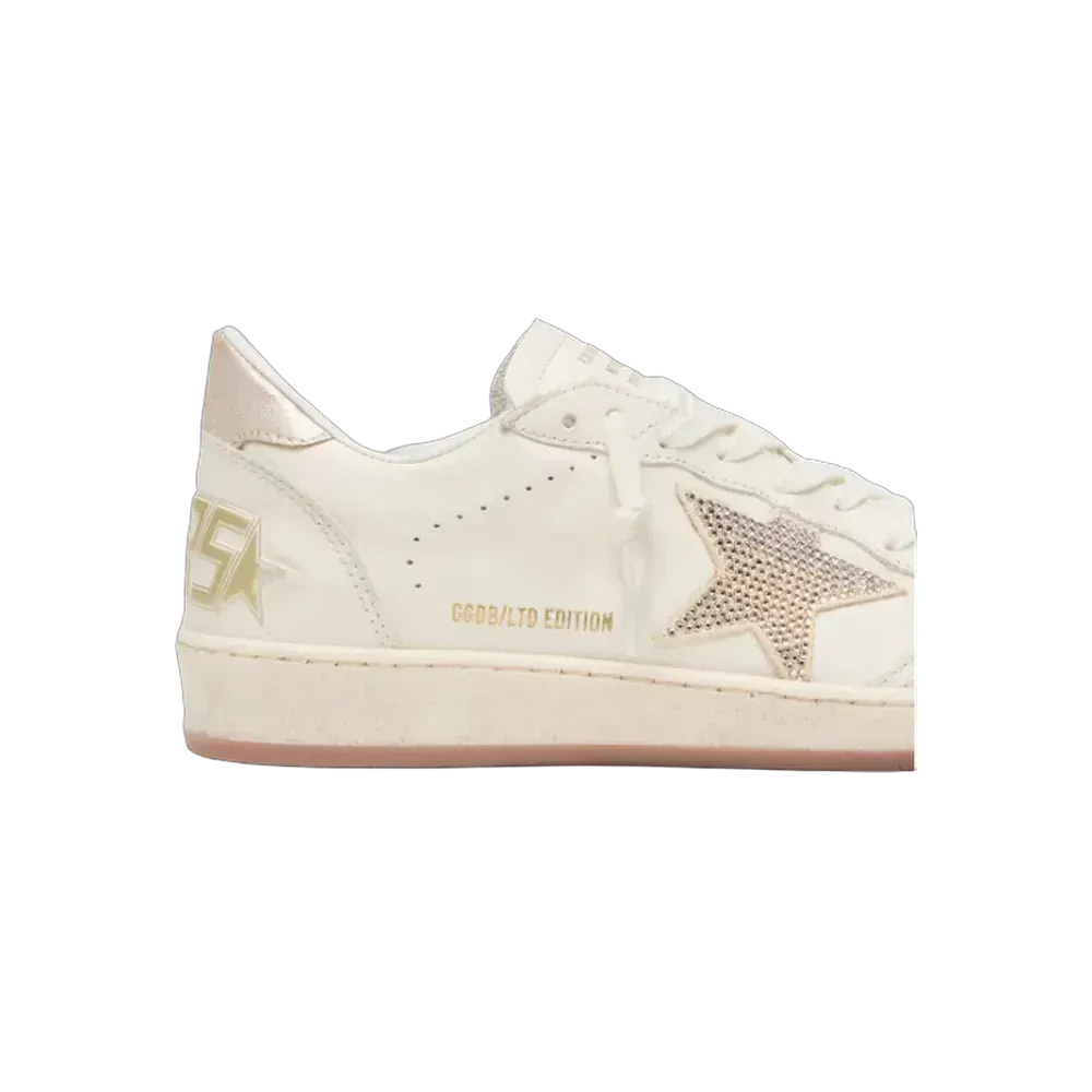 Golden Goose Ball Star In White Leather With Crystal Star And Metallic Heel Tab
