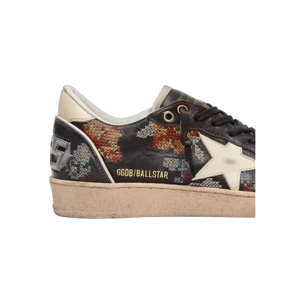 Golden Goose Ball Star LTD In Ebony Nappa With Multicolor Embroidery And White Star