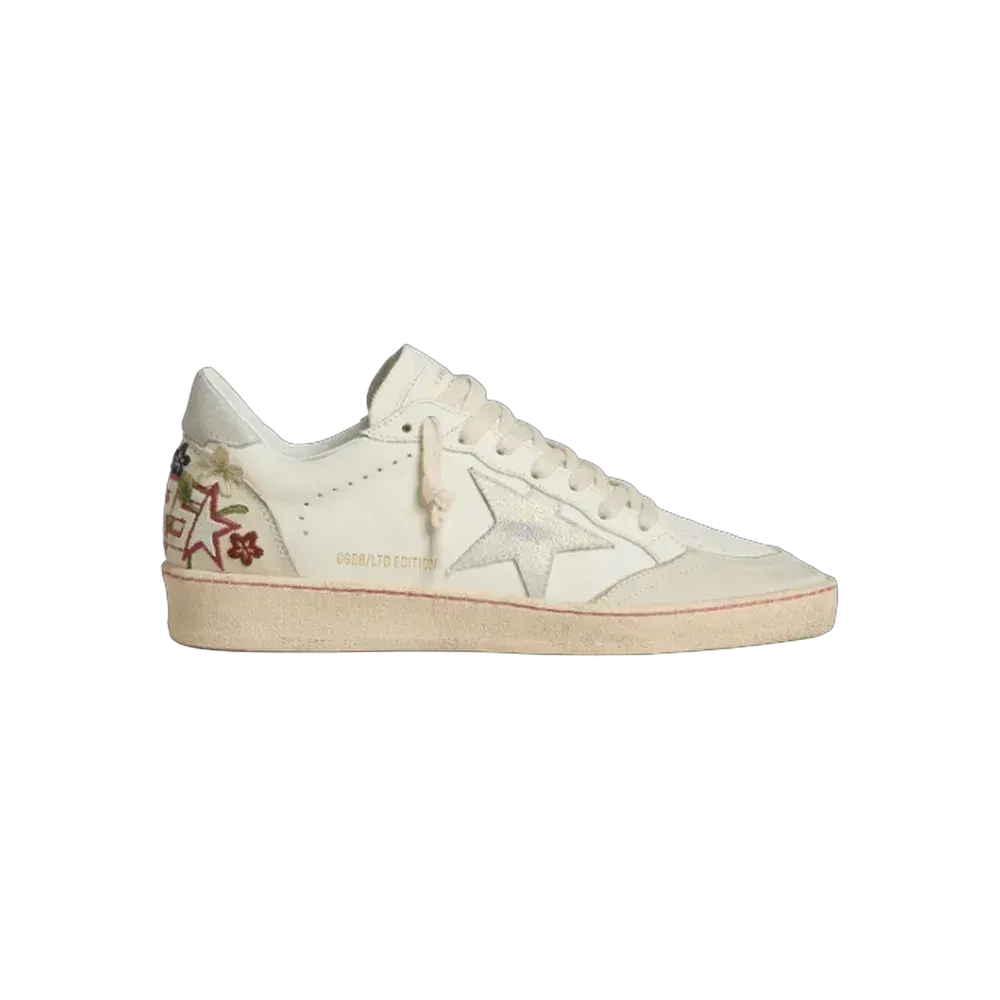 Golden Goose Ball Star In Leather With Platinum Suede Star And Multicolor Floral Embroidery