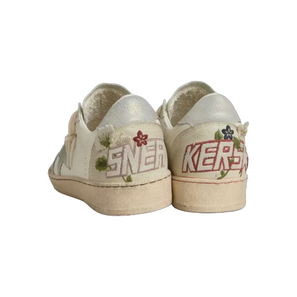 Golden Goose Ball Star In Leather With Platinum Suede Star And Multicolor Floral Embroidery
