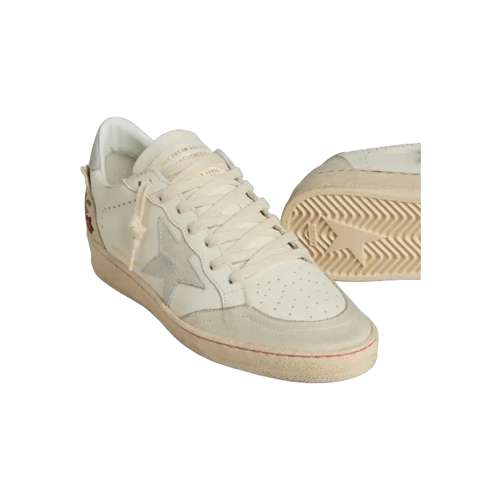Golden Goose Ball Star In Leather With Platinum Suede Star And Multicolor Floral Embroidery