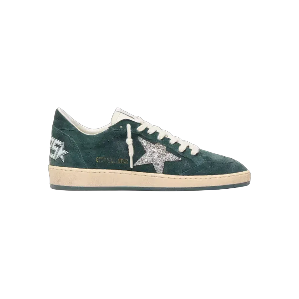 Golden Goose Ball Star In Green Suede With Silver Glitter Star