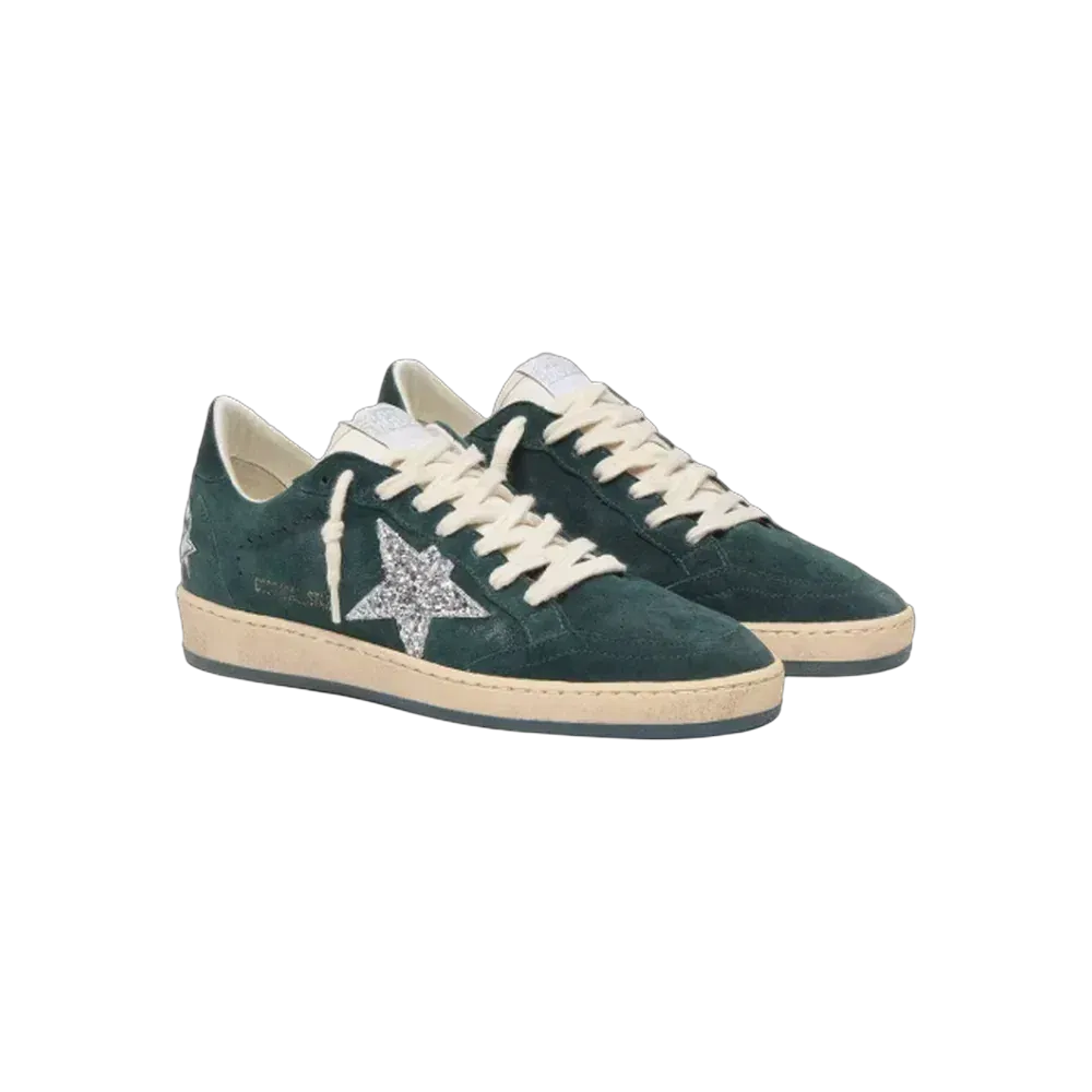 Golden Goose Ball Star In Green Suede With Silver Glitter Star