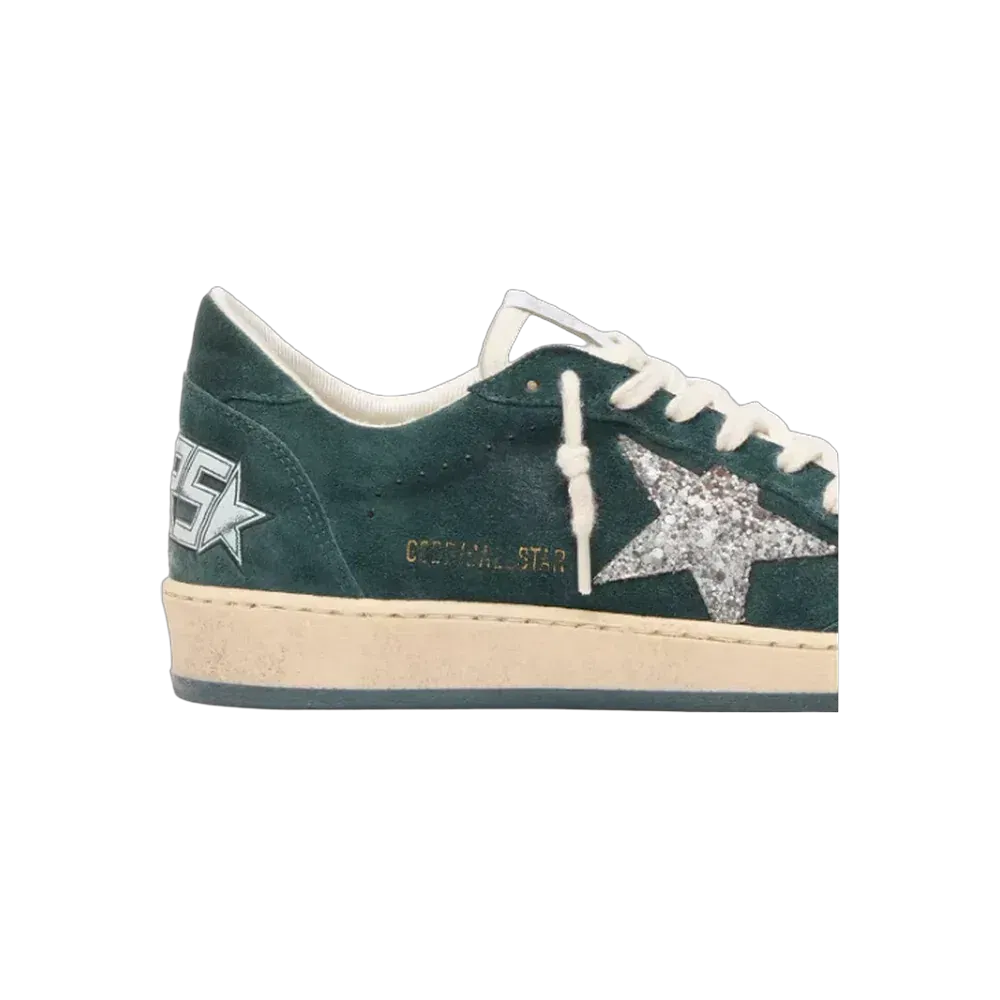 Golden Goose Ball Star In Green Suede With Silver Glitter Star