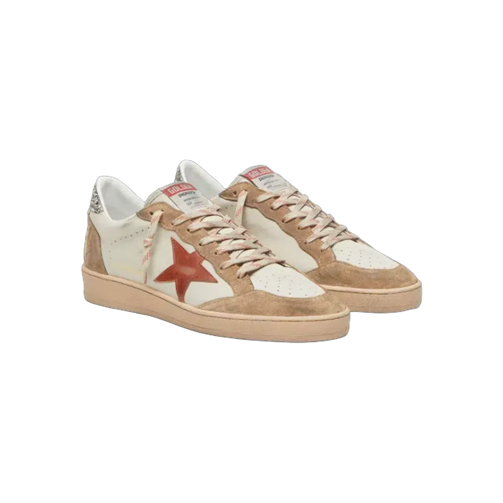 Golden Goose Ball Star In Cream Leather With Brick-Red Leather Star And Suede Inserts