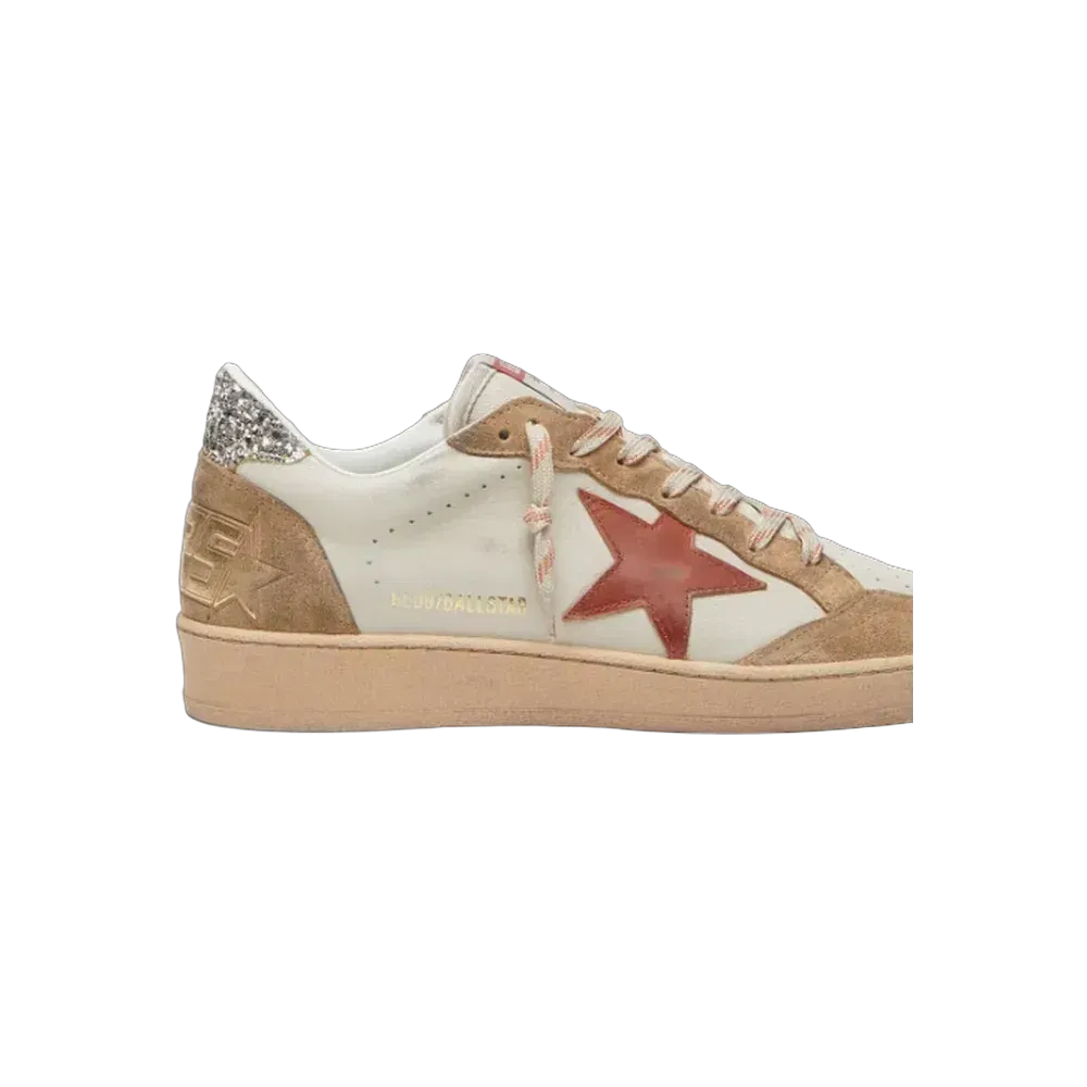 Golden Goose Ball Star In Cream Leather With Brick-Red Leather Star And Suede Inserts