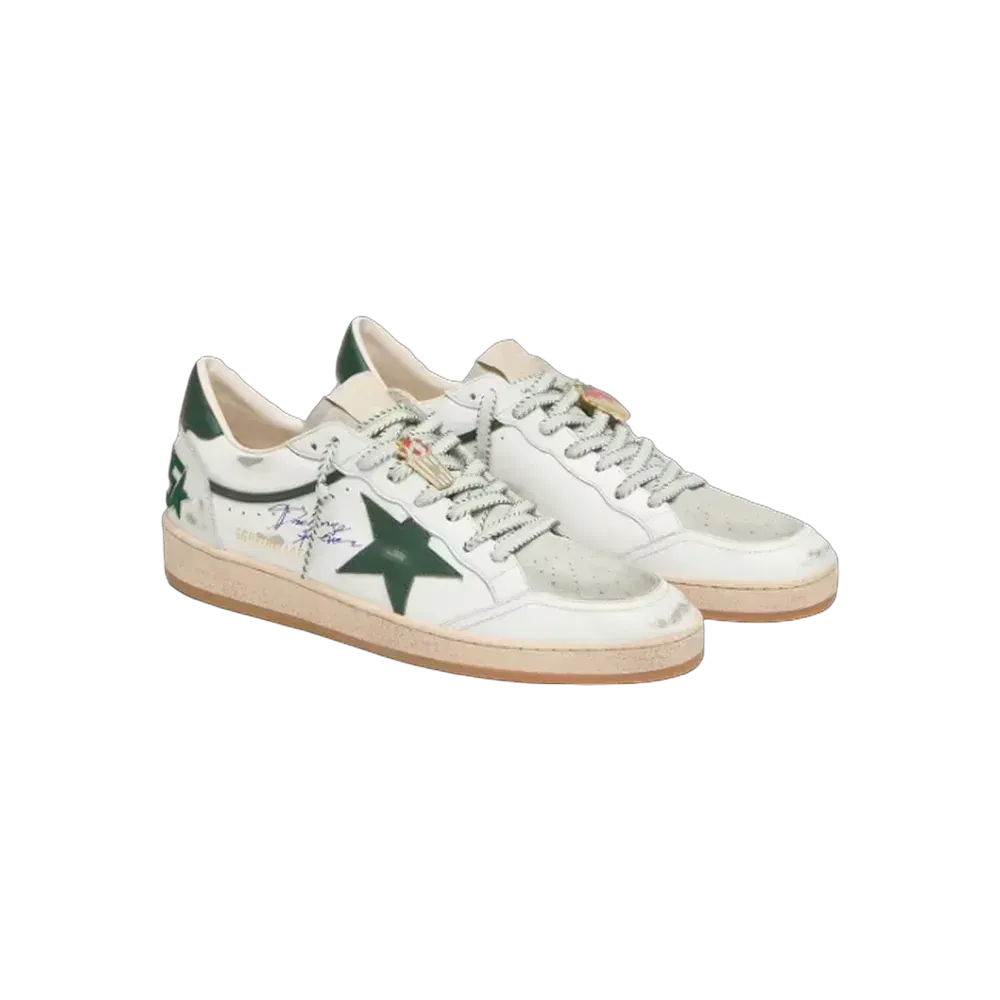 Golden Goose Ball Star LTD In White Leather With Green Star And Skins